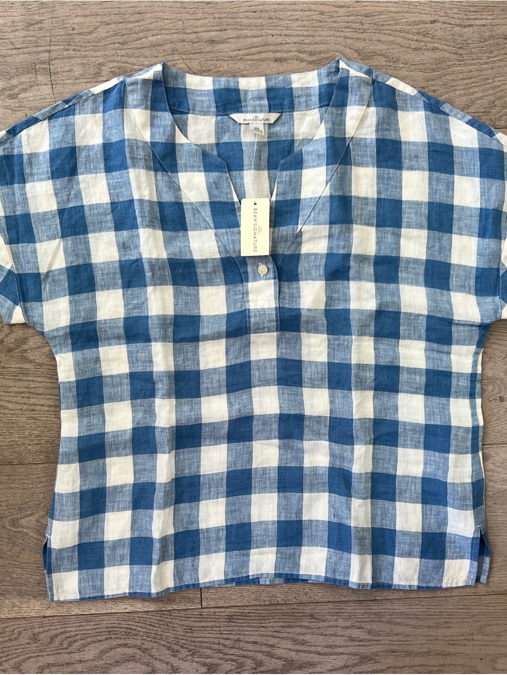 LL Bean NWT Blue White Gingham Signature Split Neck Linen Top
